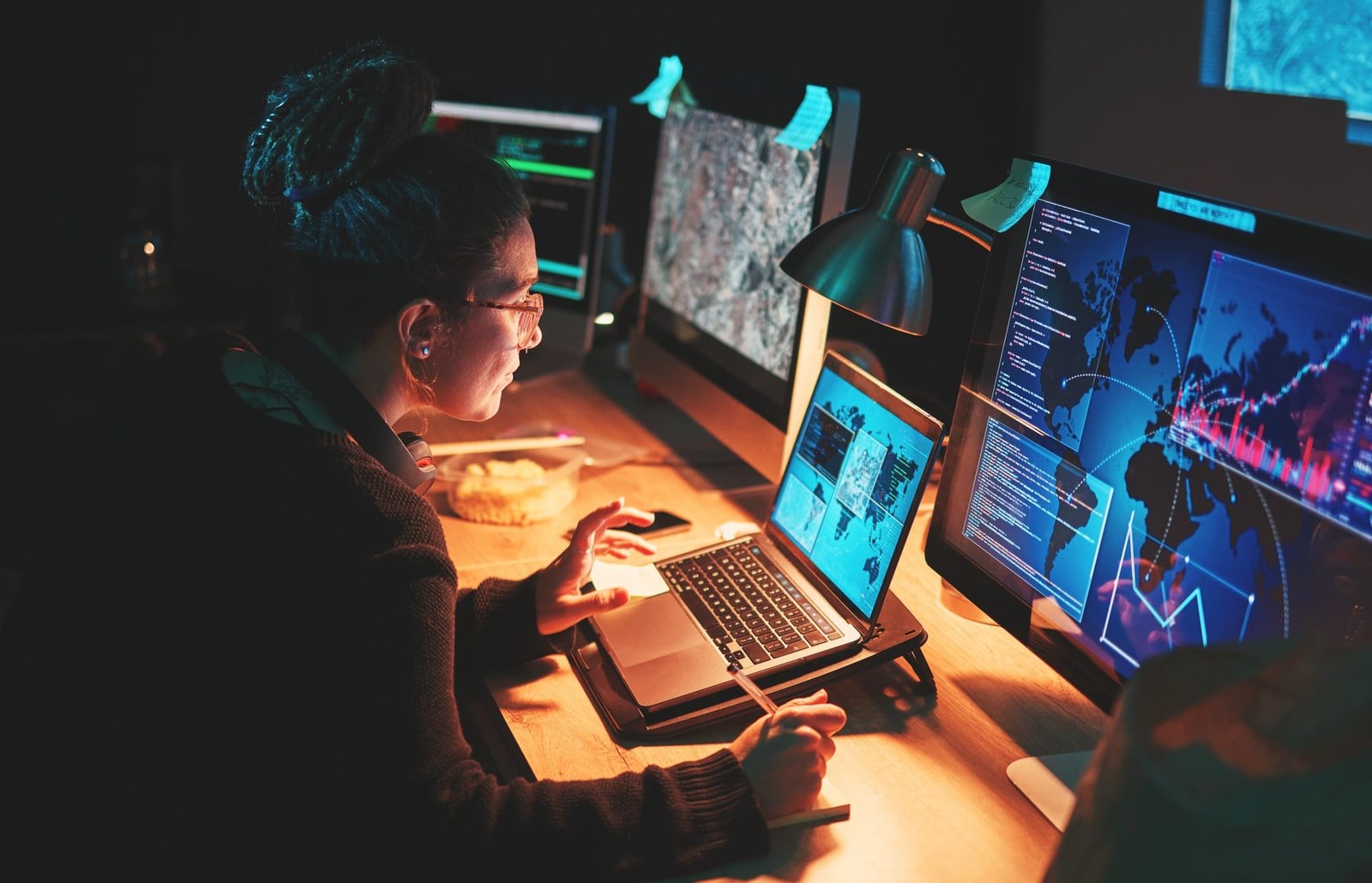 Cybersecurity, woman and computer with global info with map graphic for phishing and hacker data. C