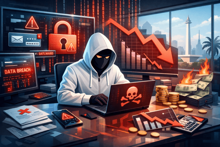 Ilustrasi bisnis di Indonesia yang terkena dampak serangan siber dengan simbol kebocoran data dan kerugian ekonomi