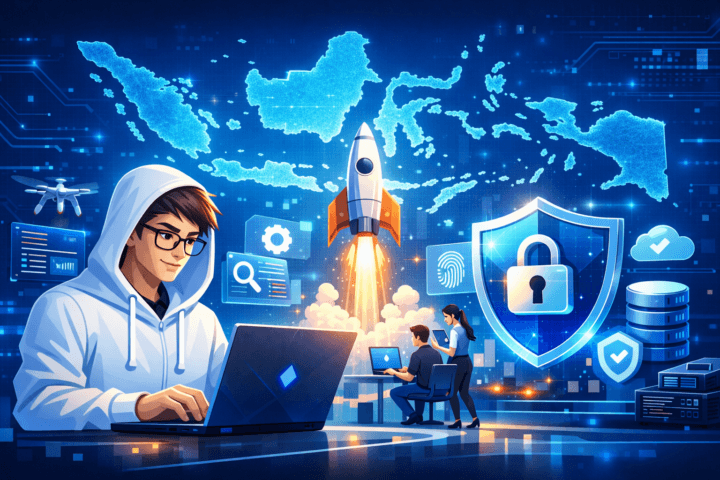 Ilustrasi teknologi digital, keamanan data, startup, dan peta Indonesia terkait regulasi digital