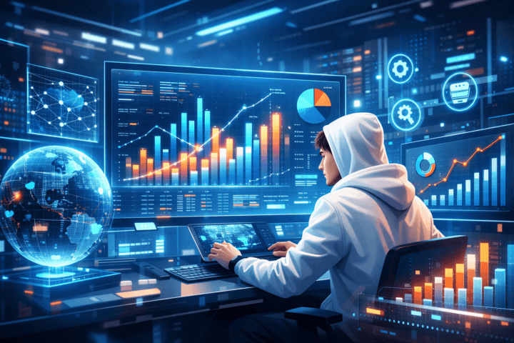 Visualisasi data analytics sebagai pilar utama dalam transformasi IT modern dengan grafik dan data digital