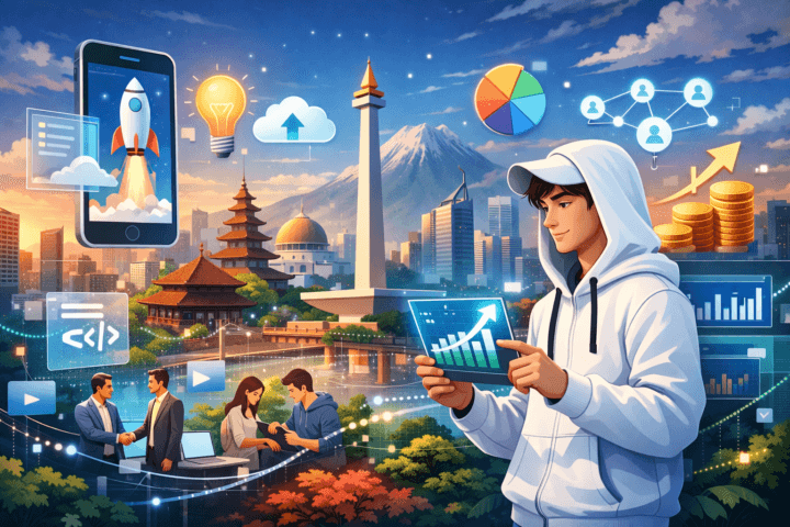Ilustrasi kota di Indonesia dengan ikon teknologi dan startup yang melambangkan ekosistem digital yang berkembang