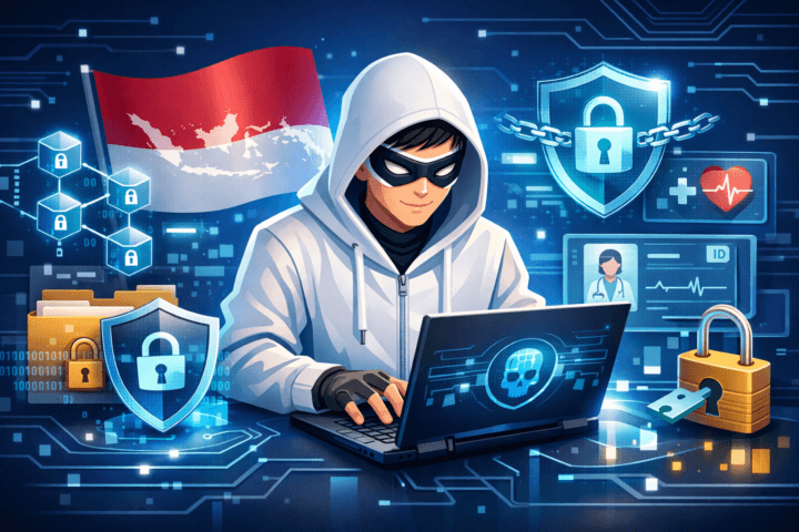 Ilustrasi keamanan siber dalam industri kesehatan dengan simbol enkripsi dan blockchain di Indonesia