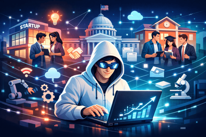 Ilustrasi kolaborasi antara startup, pemerintah, dan institusi pendidikan dalam ekosistem IT berkelanjutan