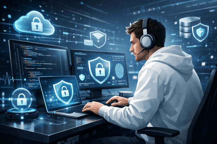Ilustrasi pengembang software sedang membangun aplikasi yang aman dan efisien dengan elemen keamanan digital