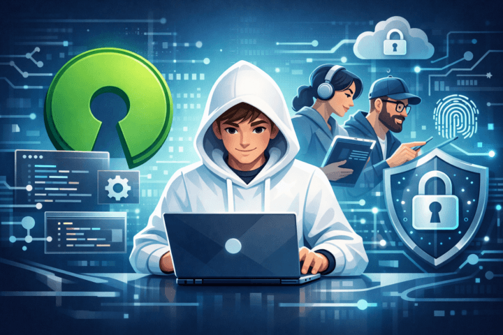 Ilustrasi open source dalam IT modern dengan kode sumber dan simbol kolaborasi
