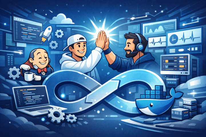 Ilustrasi konsep DevOps yang menunjukkan kolaborasi antara tim pengembangan dan operasi dengan alat Jenkins dan Docker