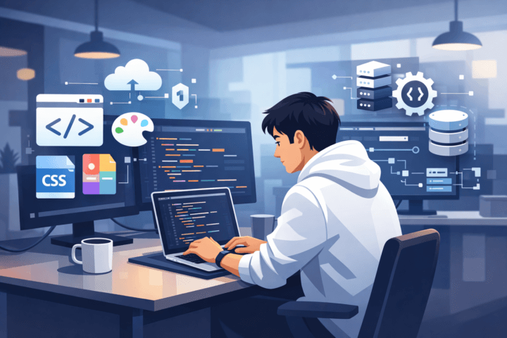 Ilustrasi seorang Full Stack Developer sedang coding dengan simbol front-end dan back-end di latar belakang