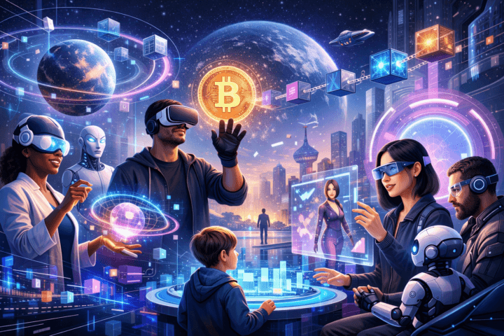 Ilustrasi dunia metaverse dengan teknologi VR, AR, AI, dan blockchain serta interaksi pengguna dalam ruang virtual 3D