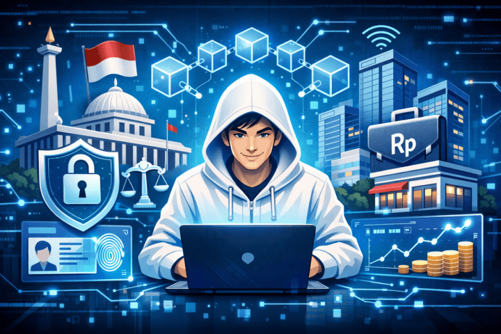 Ilustrasi penerapan teknologi blockchain di sektor publik dan swasta Indonesia dengan simbol keamanan dan jaringan digital.