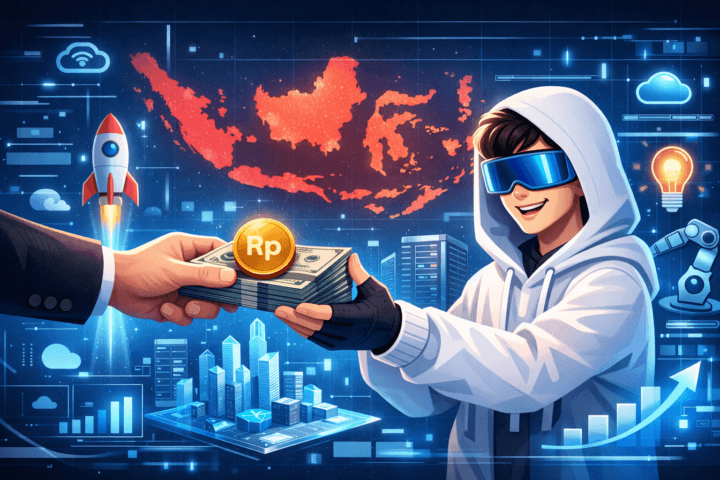 Ilustrasi investasi venture capital mendukung startup teknologi di Indonesia dengan ikon teknologi dan peta Indonesia