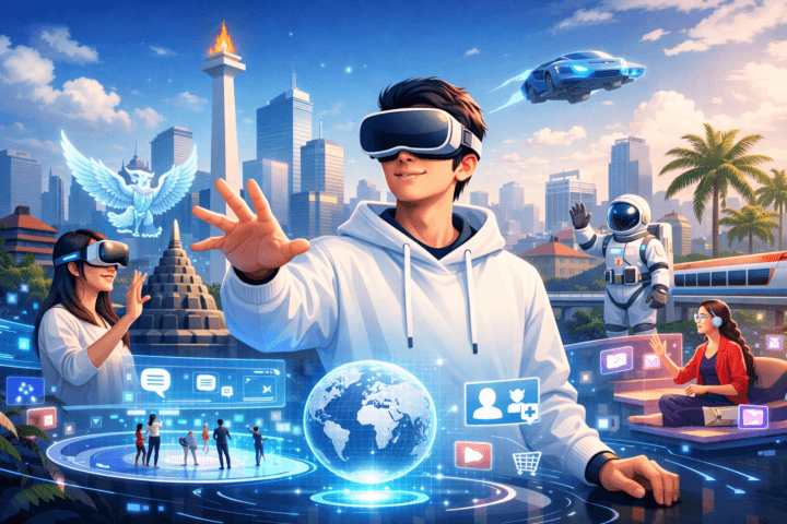 Ilustrasi metaverse di Indonesia dengan teknologi virtual reality dan interaksi digital