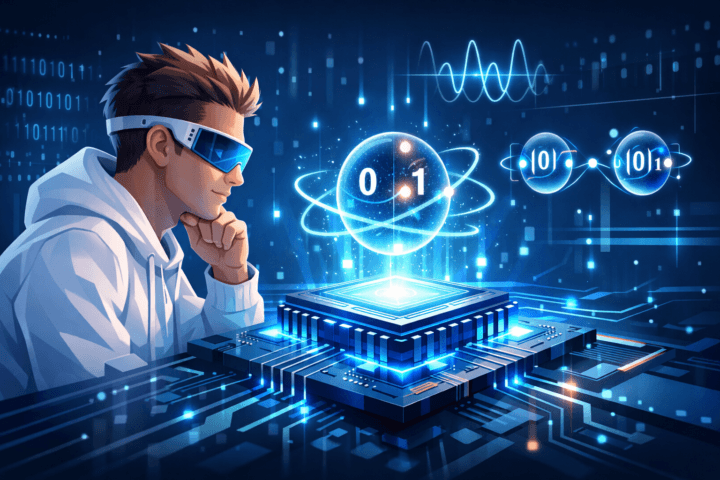 Ilustrasi konsep quantum computing dengan qubit, superposisi, dan teknologi komputer futuristik