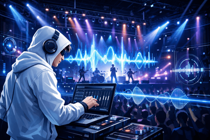 Panggung konser modern menggunakan teknologi audio digital Sennheiser Spectera dengan visualisasi gelombang suara jernih