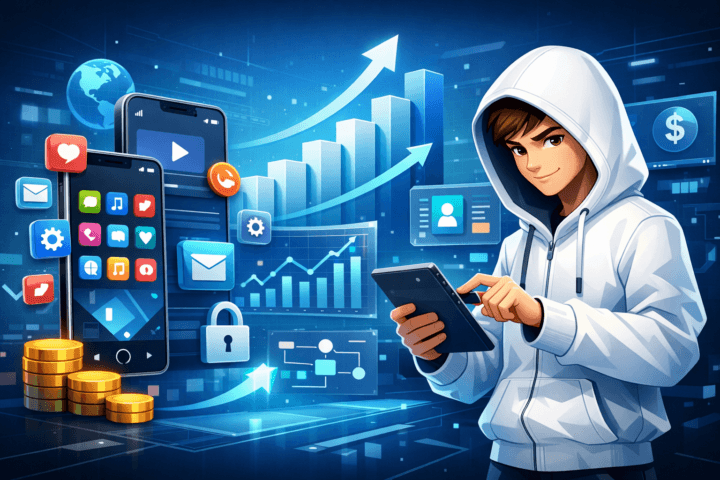 Ilustrasi pengembangan aplikasi mobile dengan smartphone dan grafik pertumbuhan bisnis