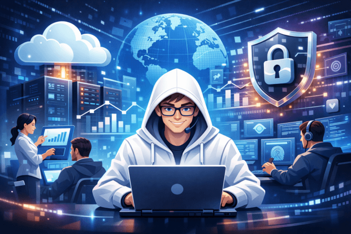 Ilustrasi transformasi digital bisnis IT dengan teknologi cloud dan keamanan siber