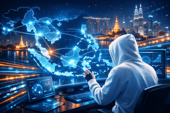 Ilustrasi teknologi jaringan canggih yang menghubungkan negara-negara Asia Tenggara dengan aliran data digital