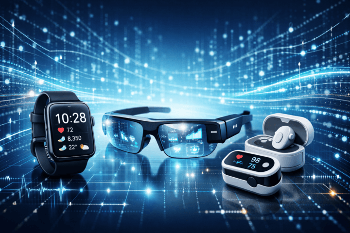 Gambar perangkat teknologi wearable seperti jam tangan pintar dan kacamata AR yang mewakili transformasi IT
