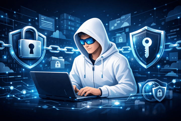 Ilustrasi teknologi enkripsi modern melindungi data digital dengan koneksi yang aman