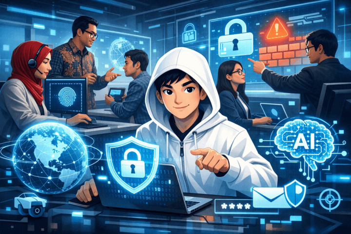 Karyawan perusahaan Indonesia berdiskusi tentang strategi keamanan siber dengan ilustrasi teknologi digital dan keamanan